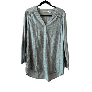 Soft Surroundings Tunic Blue Embroidered Long Sleeve Roll Tab Linen Blend